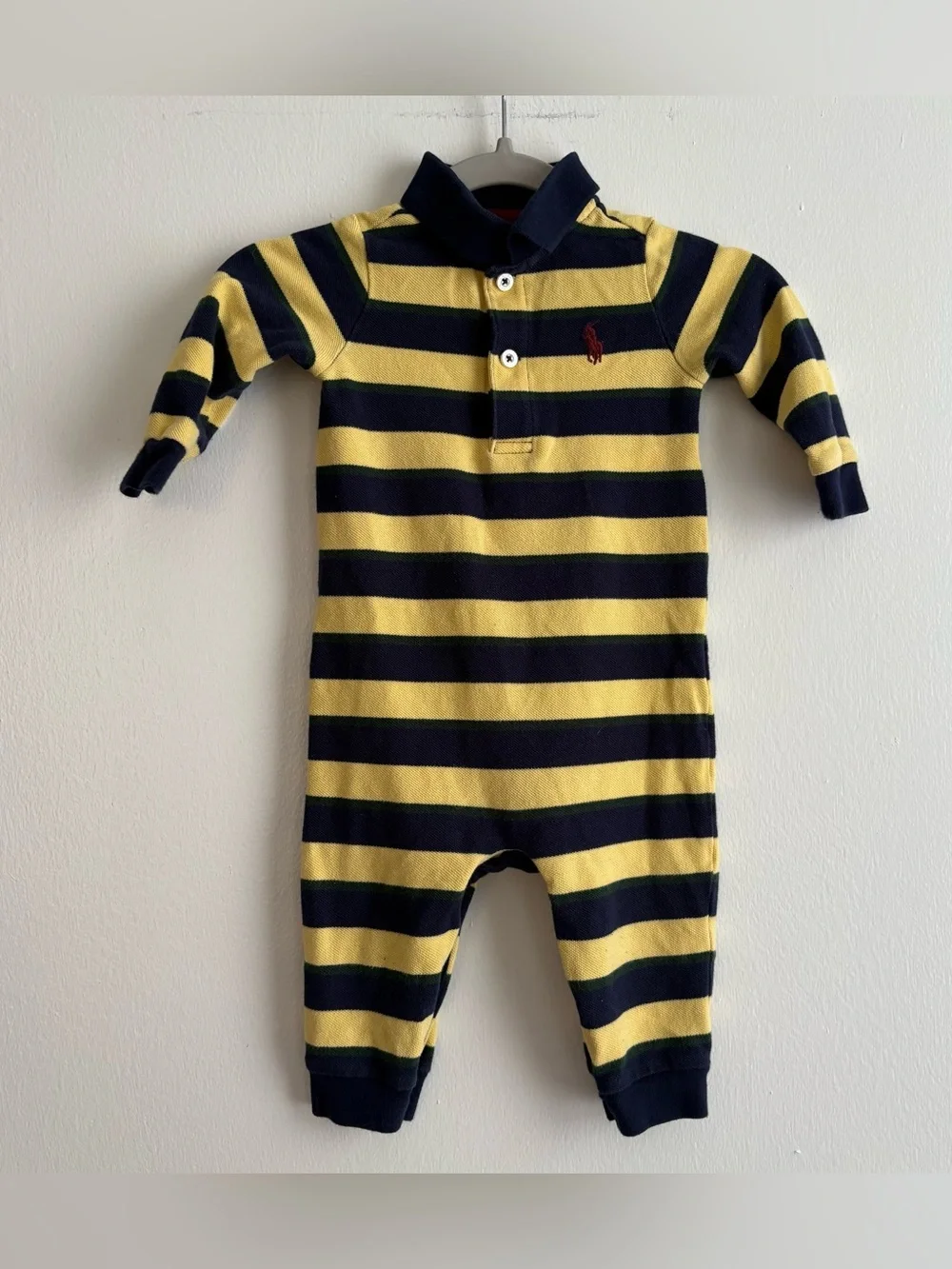 Ralph Lauren Yellow Navy Striped Rugby Polo One-Piece Long Sleeve Collared 9M
